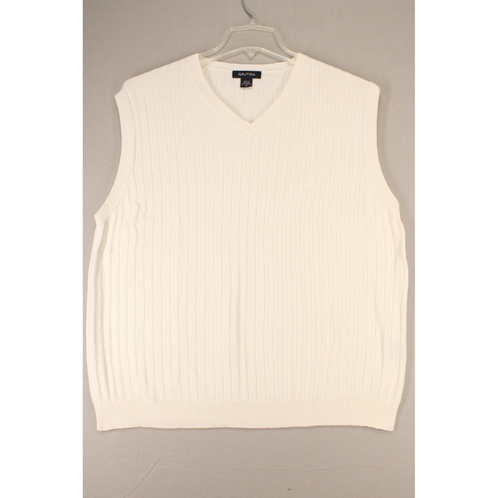 Nautica Sweater Vest V-Neck Mens Medium White Cotton Ribbed Knit Preppy Vest